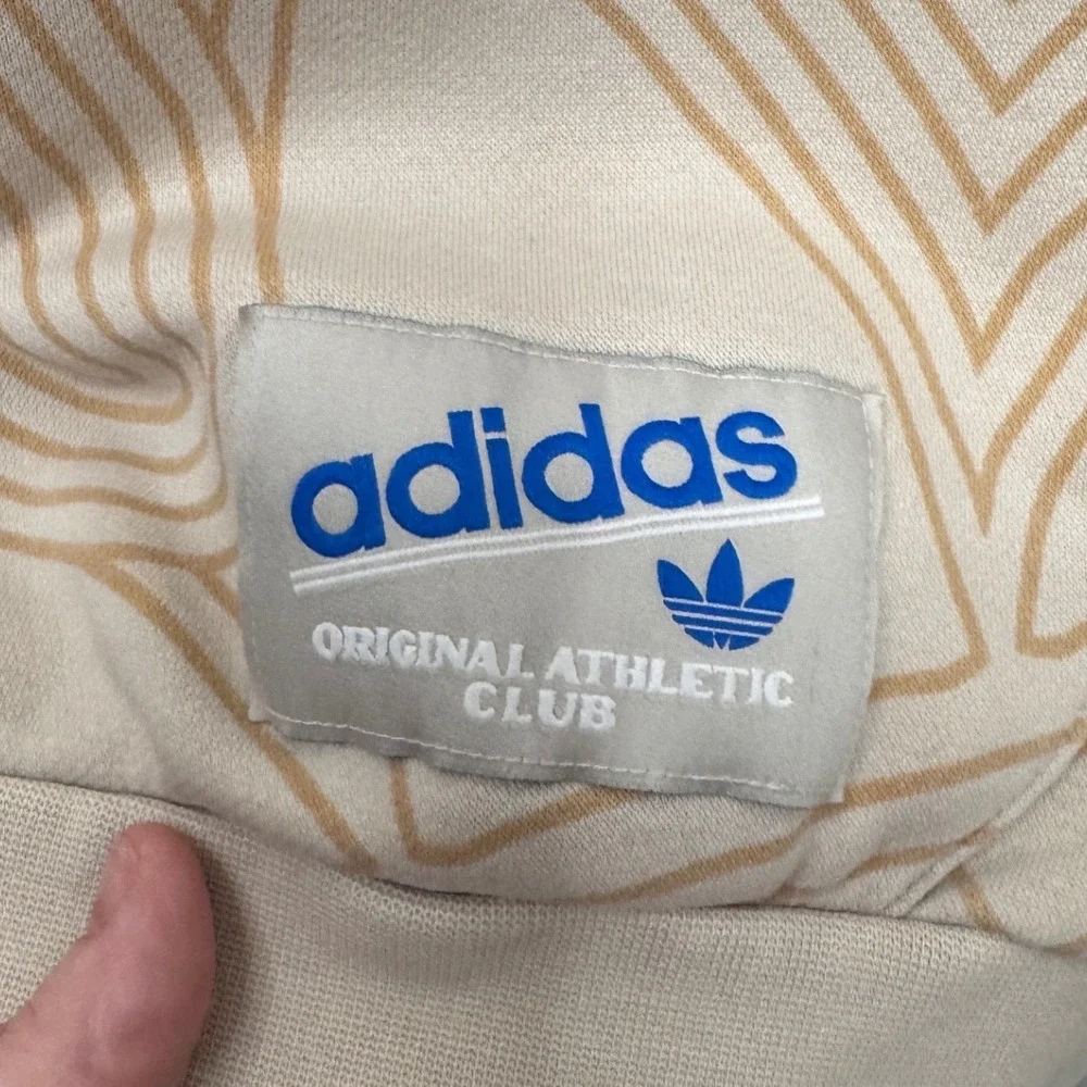 Adidas Originals Athletic Club Hoodie Cream Tan Abstract Trefoil Pattern XL